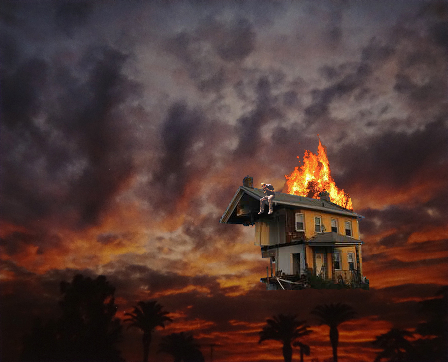 a digital painting of a house with its roof on fire in the foreground, a fiery red night sky in the background, representing climate change