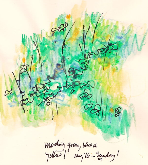 a yellow, black and green sketch of the third line of the haiku: a spluttering of colors
