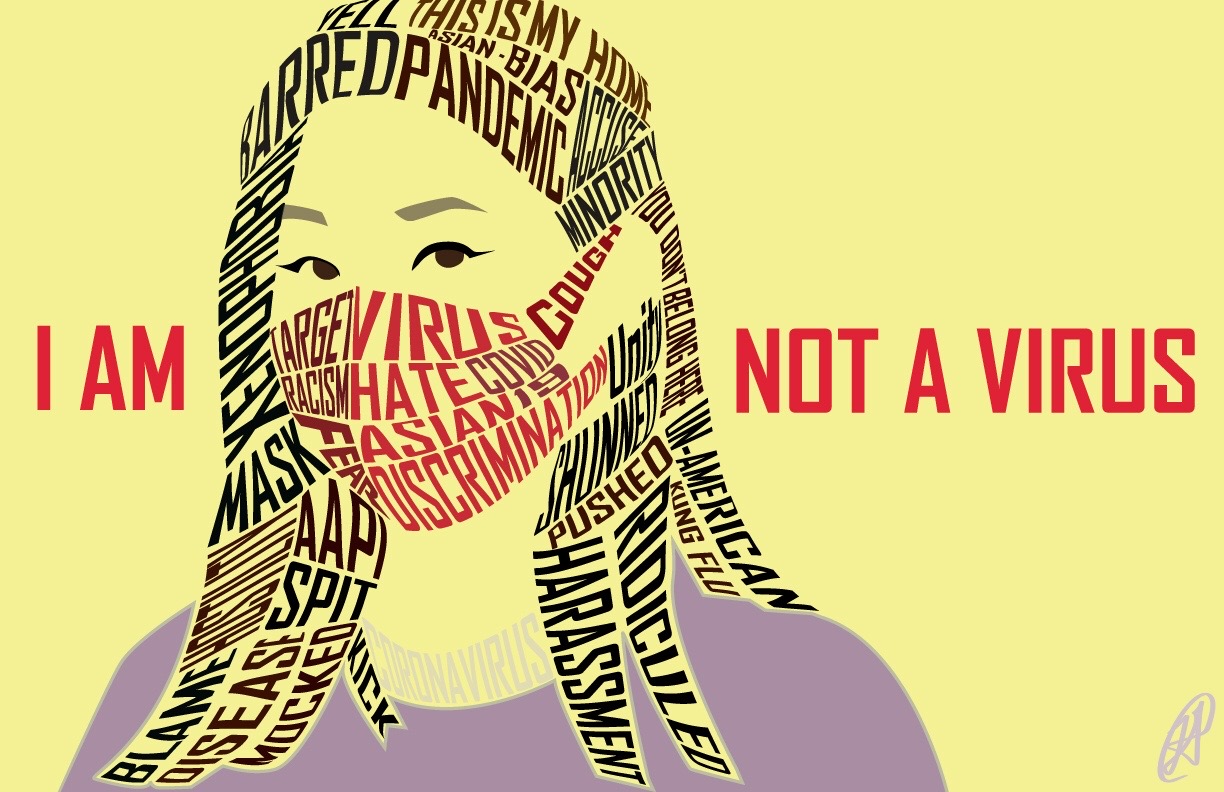 a digital art image called I Am Not A Virus, showing an asian woman in a purple shirt with a yellow background, her hair and mask made up of phrases of discrimination