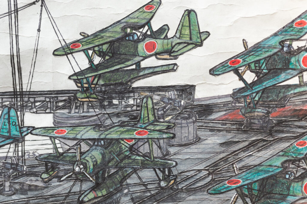 Painting of war planes with Japanese flag emblazoned on the side and wings on or flying from a battleship.