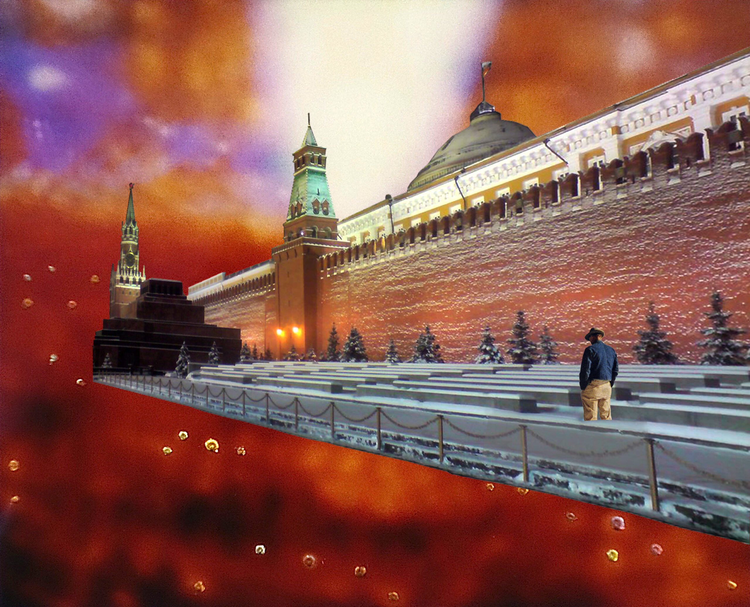 A man standing with his hands in his pocket outside the Kremlin walls.