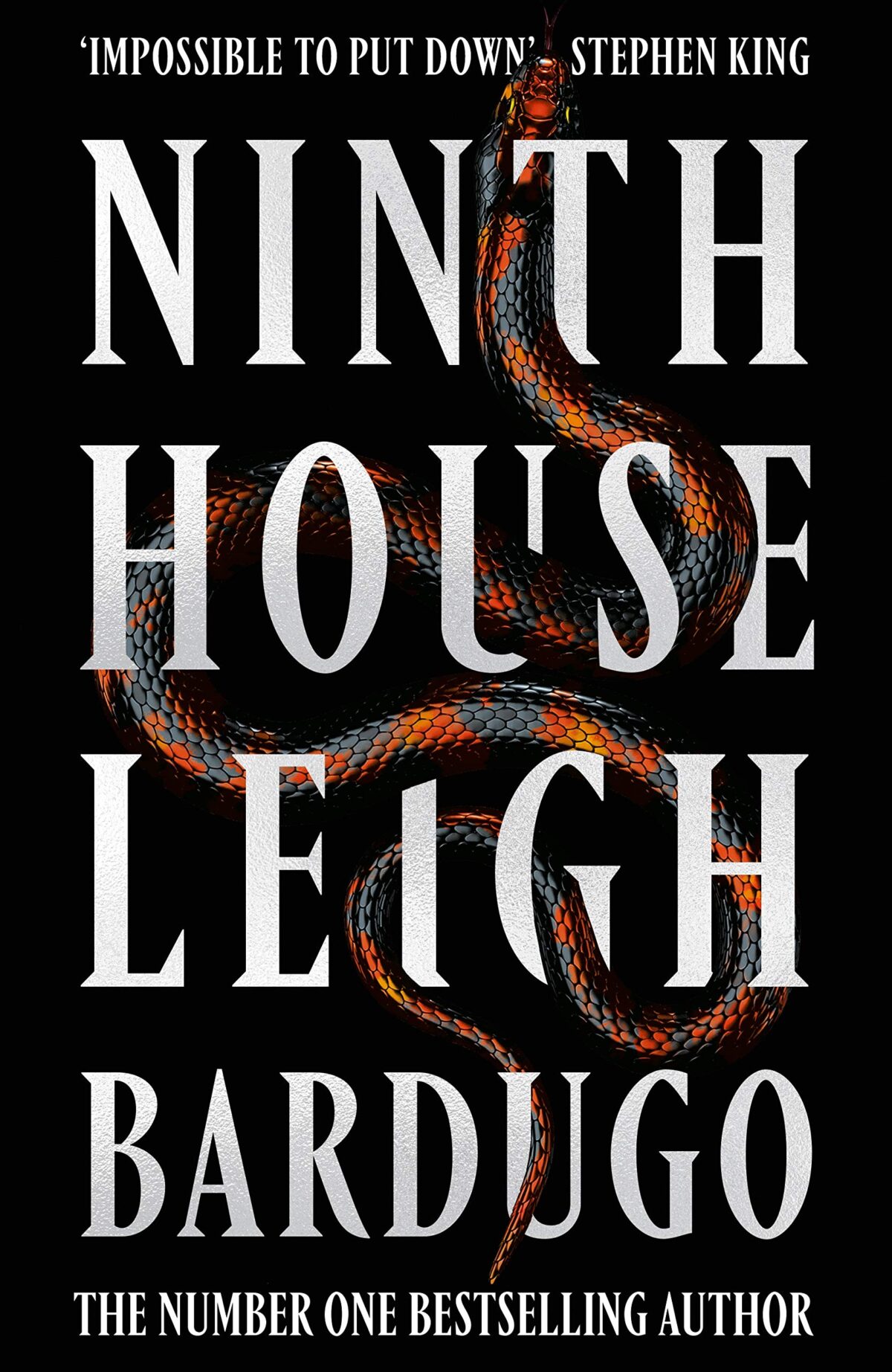 cover of Ninth House by Leigh Bardugo. a colorful snake twists and climbs over and around and through the letters of the title and the author's name.