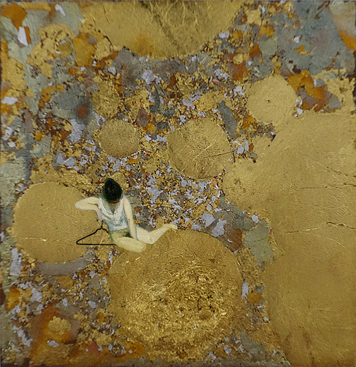 A despondent woman sits with a coat hanger in her hand in a Klimt-like field of gold.