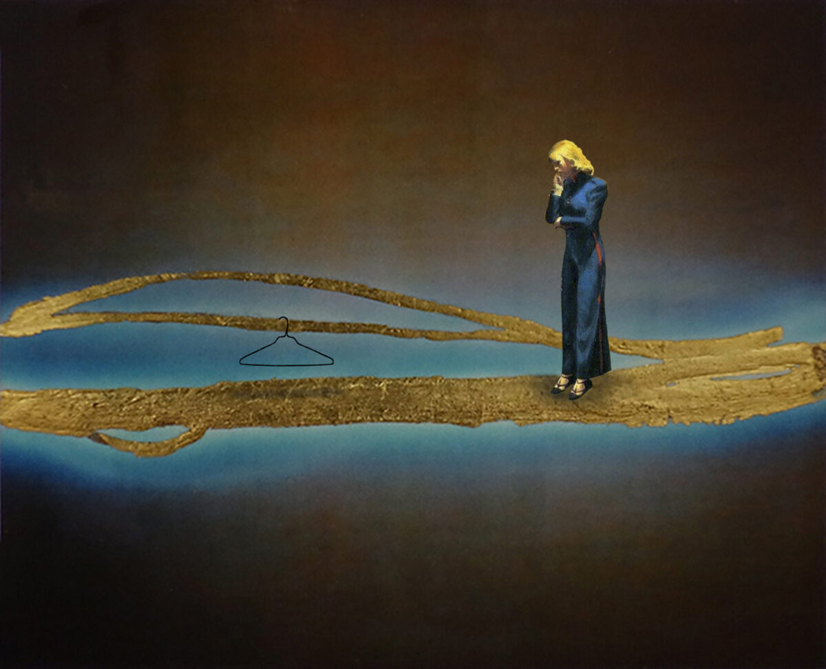 A blond woman in a floor legnth blue dress stands on golden strands that float on a variegated blue and rust background. She looks down pensively at a coat hanger dangling from one of the strands.