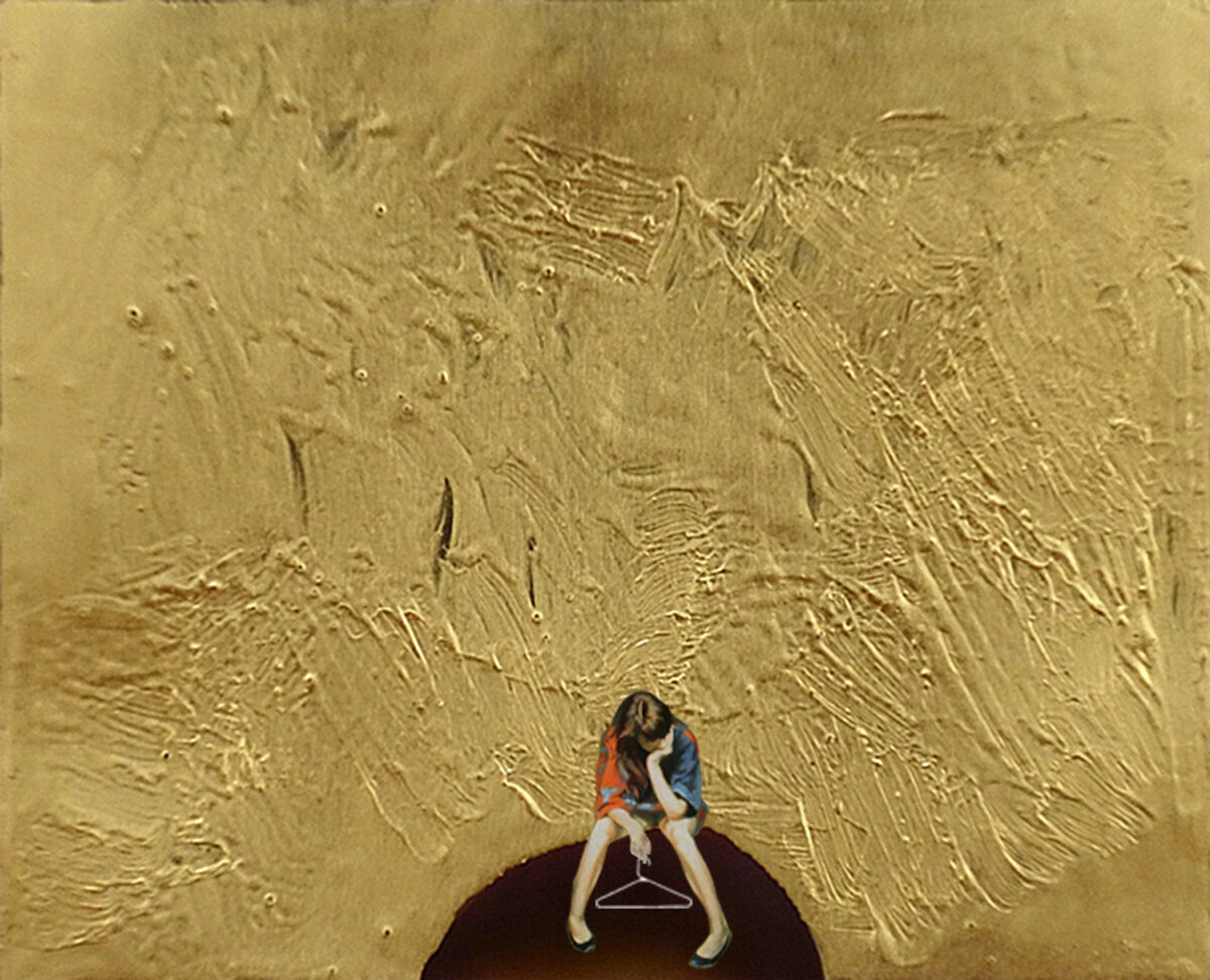 On a gold textured background, a woman seated on a small mound holds her head in sorrow, a coat hanger in her hand.