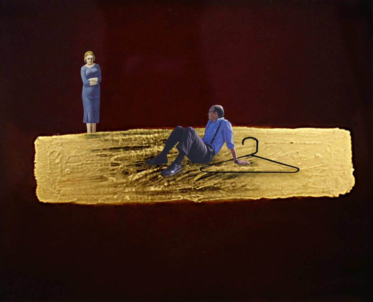 A man, with a large coat hanger beside him, sits on a golden rug in a dark reddish background. He turns to look at an approaching woman who stands, arms folded, in the distance.