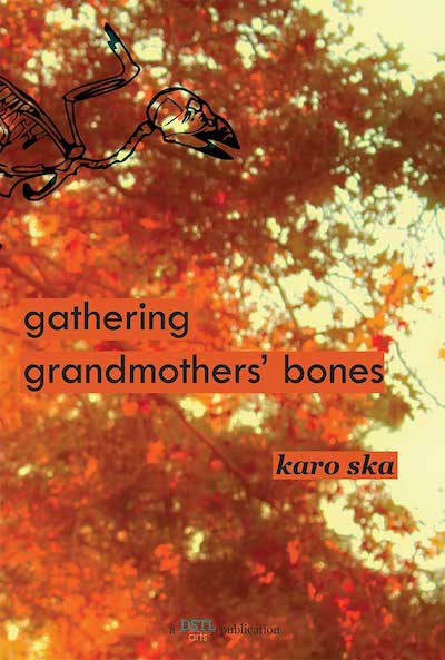 An image of red leaves blurry in front of a yellow sky on the cover of a chapbook by Karo Ska