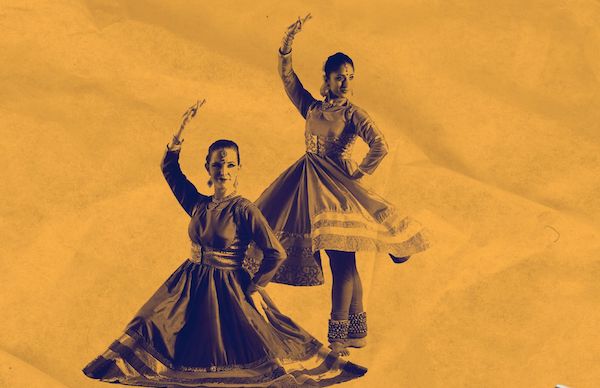 Two Kathak flamenco dancers against a gold background