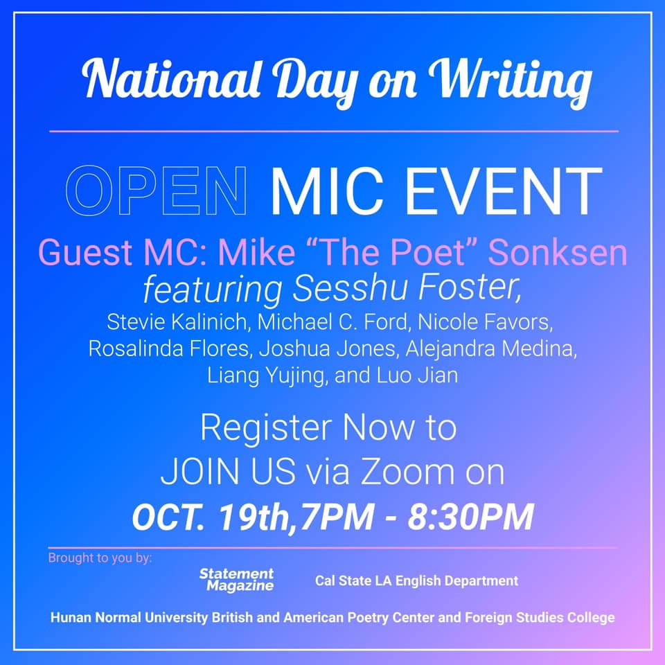 A blue digital flyer for National Day on Writing open mic event