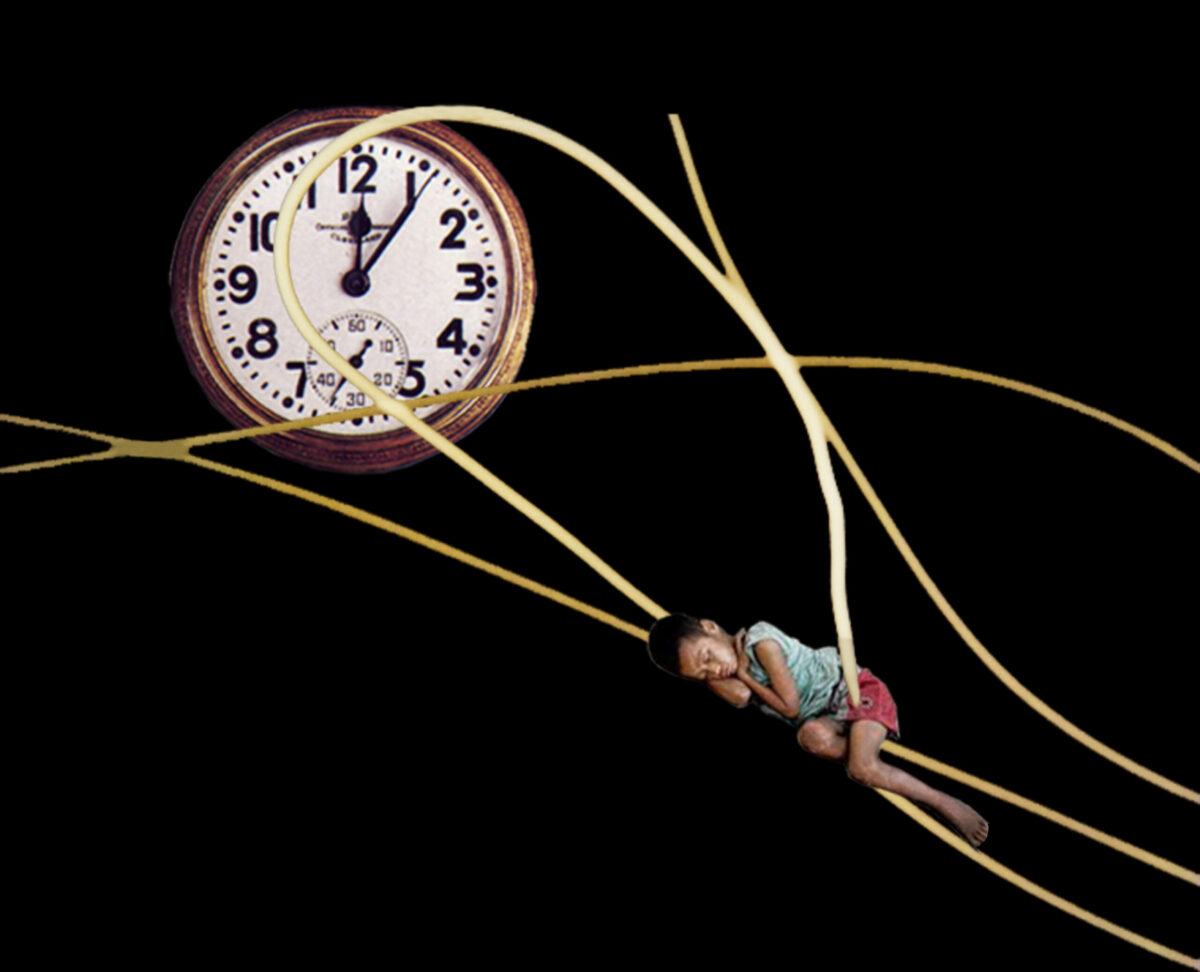 A little boy sleeps on a series of white lines on a black background. Above him to the left is a giant circular clock - the time is 12:06 AM..