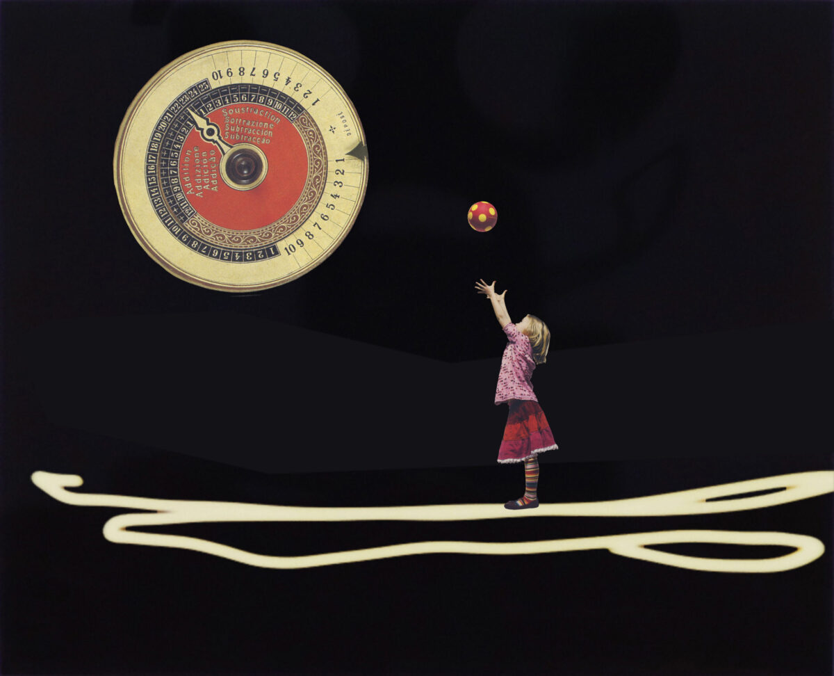 A small girl stands atop a series of white lines on a black background. She tosses a ball into the air. Above her and to her left is a large circular image from a Victorian era mathematical game called