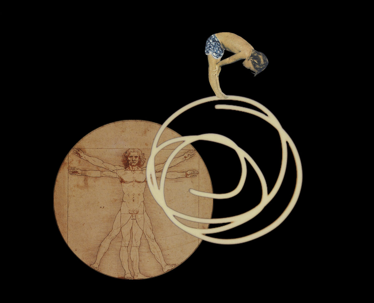 In Lessons to Be Learned #7, a small boy wearing a swim suit bends over on the top of a scribbled circle of white lines on a black background. Between his legs he sees Leonardo da Vinci's drawing of the Vitruvius Man, which shows the proportions of the human figure.