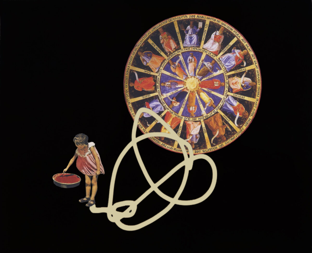 A little girl, wearing sandals and a pink dress, bends over a tub of red paint. She stands atop a scribble of white lines on a black background. Behind her, and to the right, is a large circular colored painting of saints and prophets.