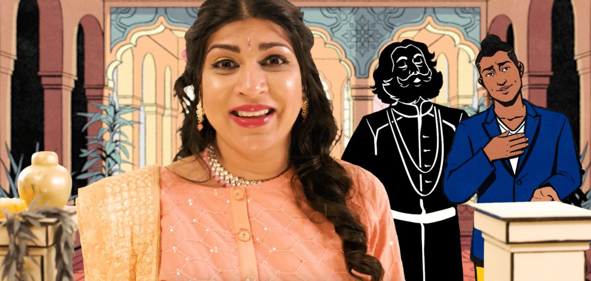 A moment in The Sitayana (Or How To Make An Exit), an Indian woman in a peach outfit, her hair long and falling over her left shoulder, smiles in front of a painted animated backdrop.