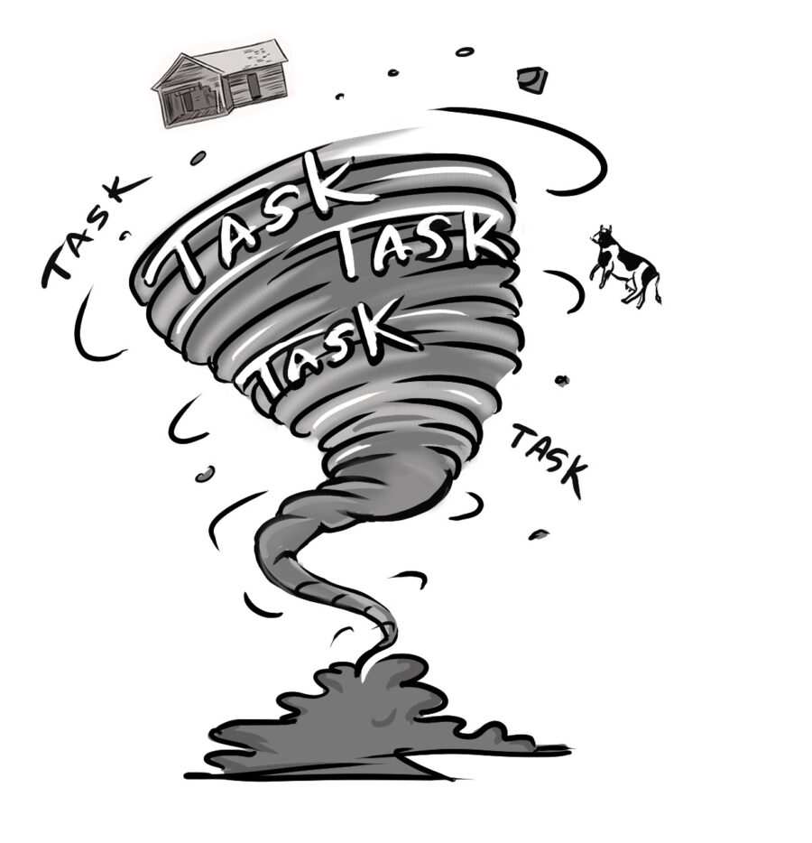 illustration of a tornado of tasks lifting a house high up into the air