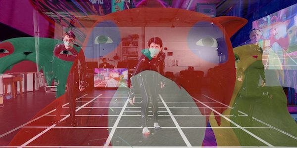Photos overlaid of a room and people