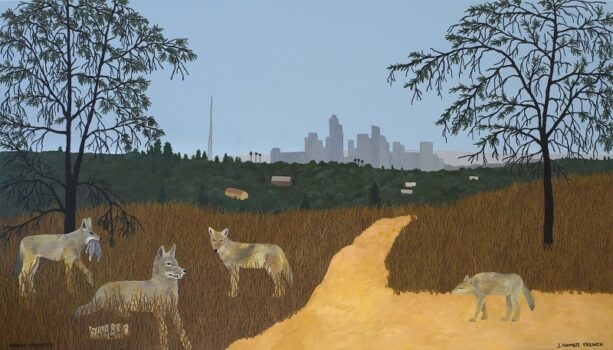 Jesse Homer French, <em>Urban Coyotes,</em> 2023, oil on canvas; courtesy of the artist, Various Small Fires, Los Angeles/Dallas/Seoul, and Massimo DeCarlo, Milan, London, Paris, Beijing and Hong Kong.