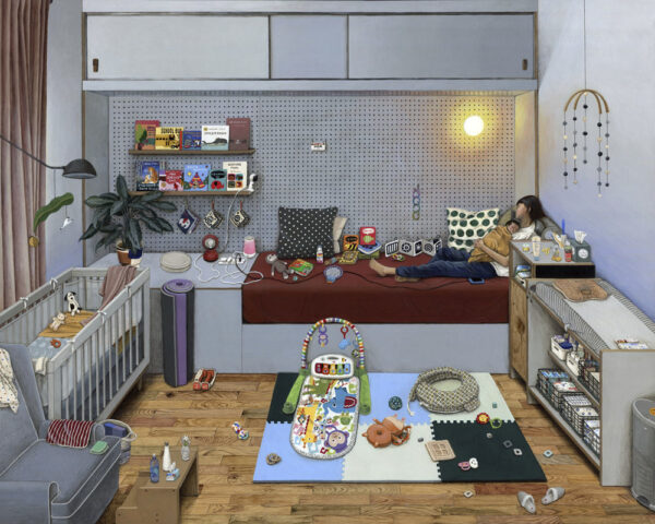 Paige Jiyoung Moon, Nap Time With Mia, 2022, acrylic on wood panel; courtesy of the artist and Steve Turner, Los Angeles.