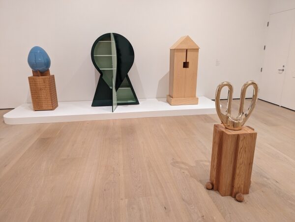 Installation view of Ryan Preciado sculptures, including New Feeling (Baby Blue) of 2023 (above left) and Pope Cabinet of 2021 (above center); photograph by Stephen West.