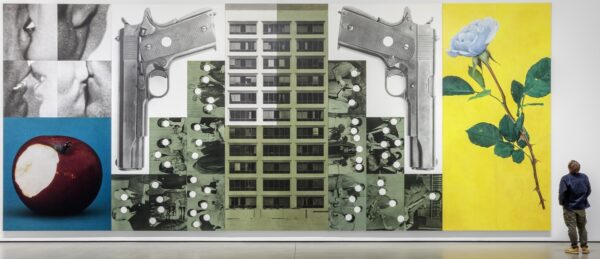 John Baldessari, Buildings=Guns=People: Desire, Knowledge, and Hope (with Smog), 1985