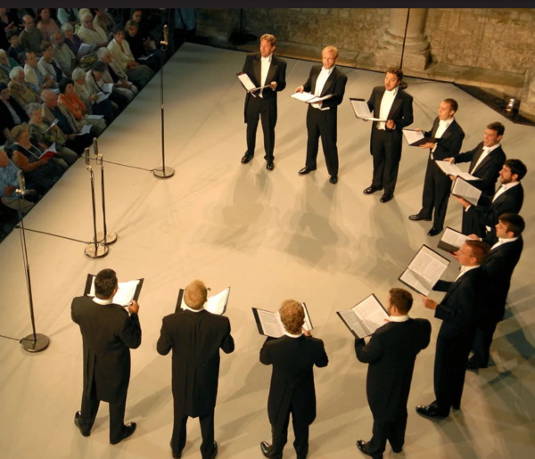The musical group Chanticleer shown on stage