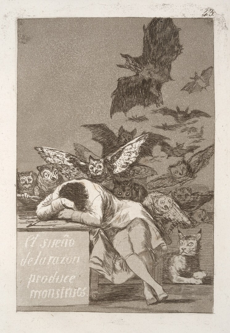 Francisco de Goya, The Sleep of Reason Produces Monsters, 1799, etching, burnished aquatint, drypoint, and burin on laid paper; Norton Simon Art Foundation.