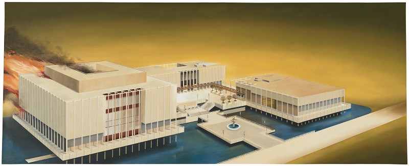 Ed Ruscha, The Los Angeles County Museum on Fire, 1965-68, oil on canvas; Hirshhorn Museum and Sculpture Garden, Washington, D.C., gift of Joseph H. Hirshhorn, 1972, © Ed Ruscha, photo credit: Paul Ruscha.