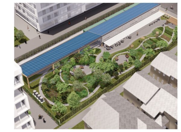 A perspective view of an urban farm