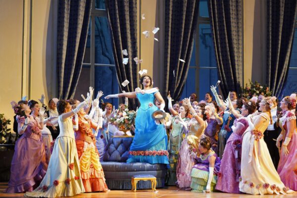 A party around a lady in blue