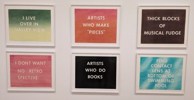 Installation photo of six works by Ed Ruscha, 1975-79, all in pastel on paper. Photograph by Stephen West.