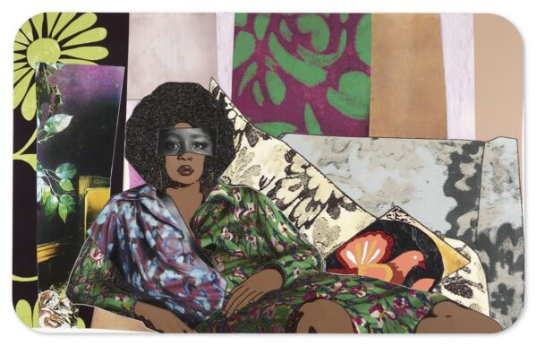 Afro Goddess Looking Forward, 2015, rhinestones, acrylic, and oil on wood panel; courtesy of the artist Mickalene Thomas