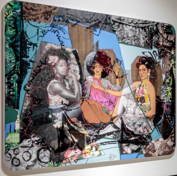 Le Dejeuner sur l’herbe: Les trois femmes noires (Luncheon on the Grass: Three Black Women), 2010, rhinestones and acrylic paint on canvas, mounted on wood panel; courtesy of the artist Mickalene Thomas