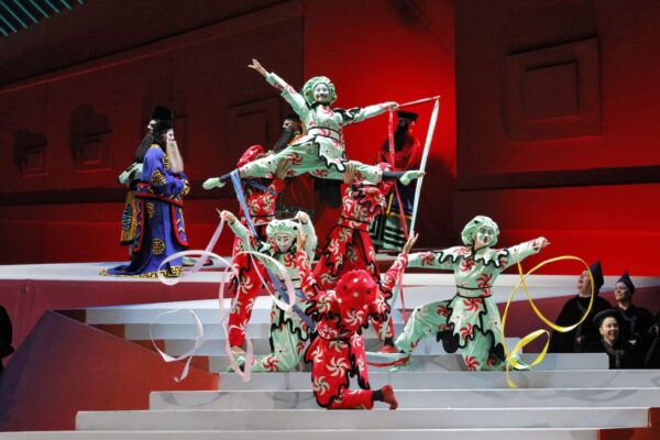 Acrobats against a red background