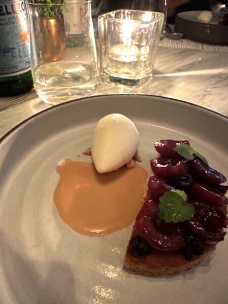 The fifth course: poached cherry, einkorn honey and almond cake.