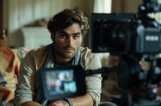 man in background with camera equipment in foreground