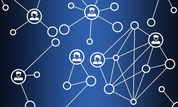 Networking graphic showing icons of people connected to one another through lines and circles.