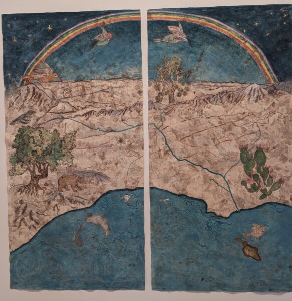 Sandy Rodriguez, YOU ARE HERE / Tovaangar / El Pueblo de Nuestra Senora la Reina de los Angeles de Porciuncula / Los Angeles, 2021, installation view, hand-processed watercolor with 23k gold on amate paper; The Huntington Library, Art Museum, and Botanical Gardens, purchased with funds from the Diversity, Equity, and Inclusion Committee and the estate of George and Nancy Parsons.