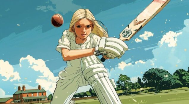Anime of woman cricket player.