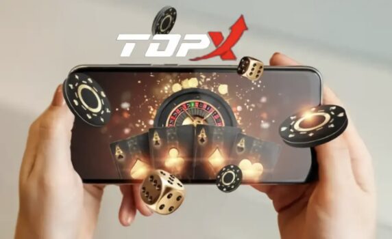 Mobile device being held in landscape mode with TopX logo and atop.