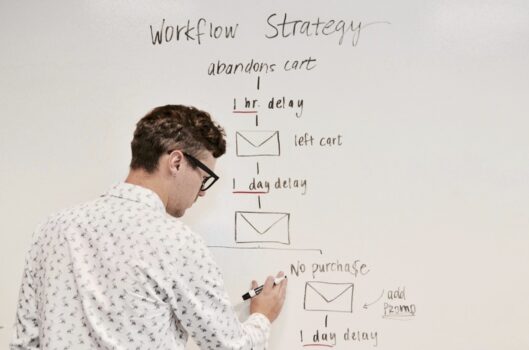 Man writing a workflow on whiteboard.