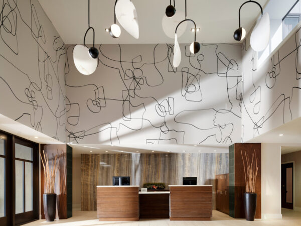 The modernist lobby in Pasadena's Courtyard by Marriott.