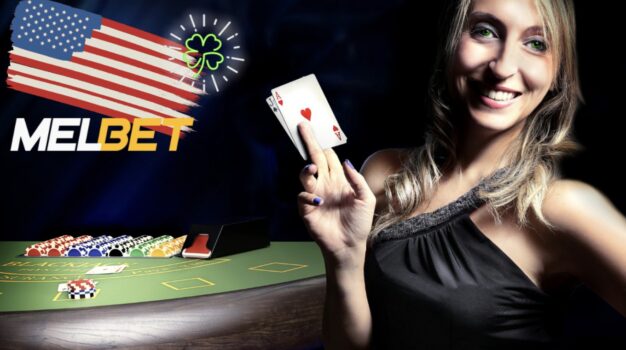 Female holding playing cards in front of poker table with Melbet logo on top-left