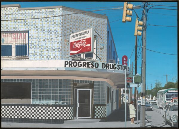 Jesse Treviño (1946-2023), El Progreso, 1979, acrylic on canvas; collection of Kathy Sosa, courtesy of the Jesse Treviño Art Conservancy for the Estate of Jesse Treviño; photograph by Ansen Seale.