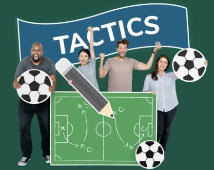 Four people holding soccer balls in graphic that says