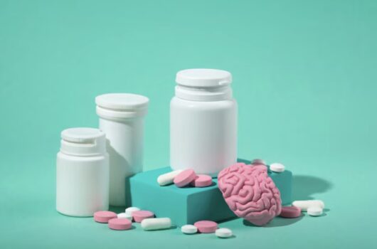 White bottles and brain model.