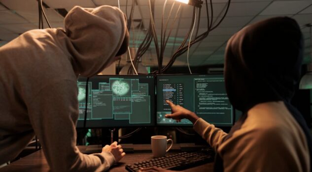 Two hackers looking at screens.