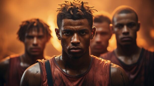 NBA players looking at camera.