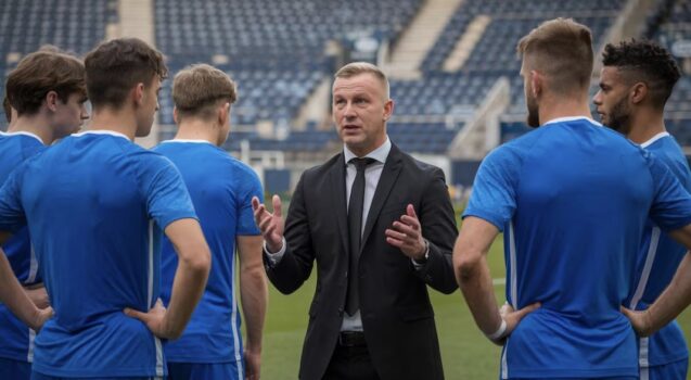 Soccer coach in huddle with players.
