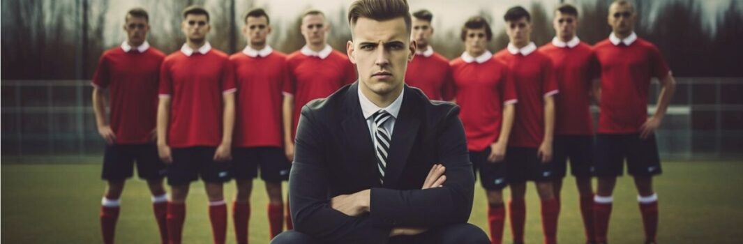 Soccer coach in front of players.