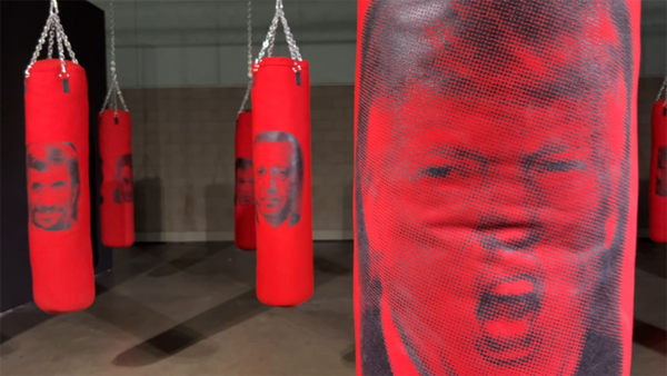 Punching bags with portrait of Trump
